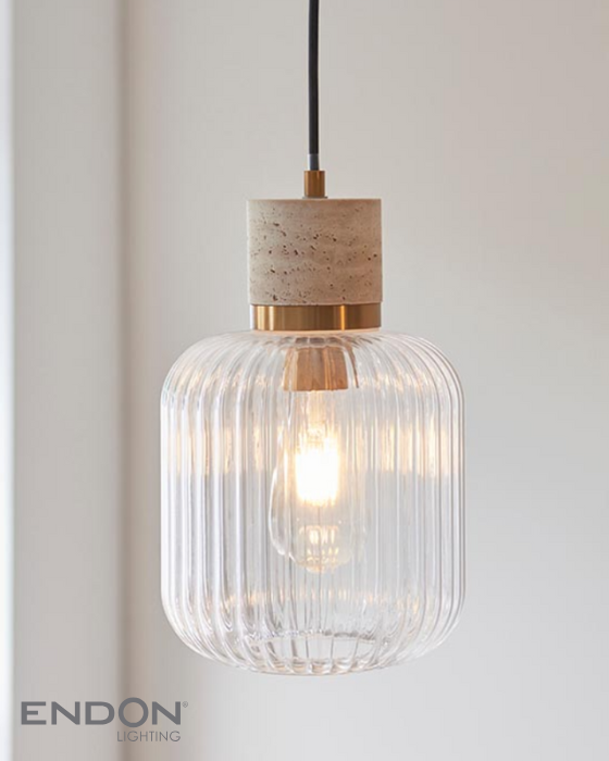Endon Travi Vintage Brass & Travertine Stone Ribbed Glass Pendant