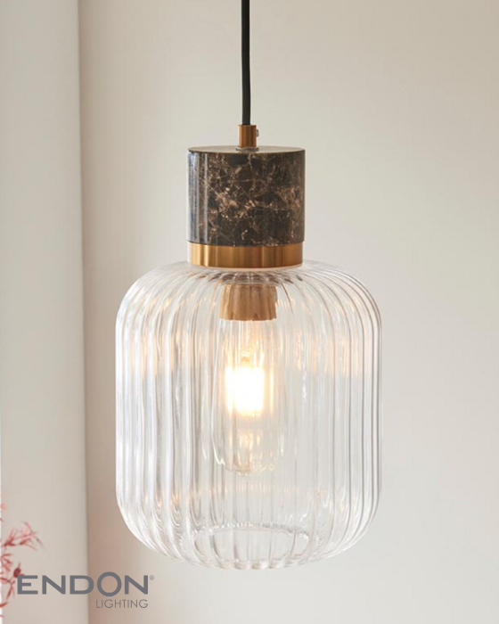 Endon Travi Vintage Brass & Travertine Stone Ribbed Glass Pendant