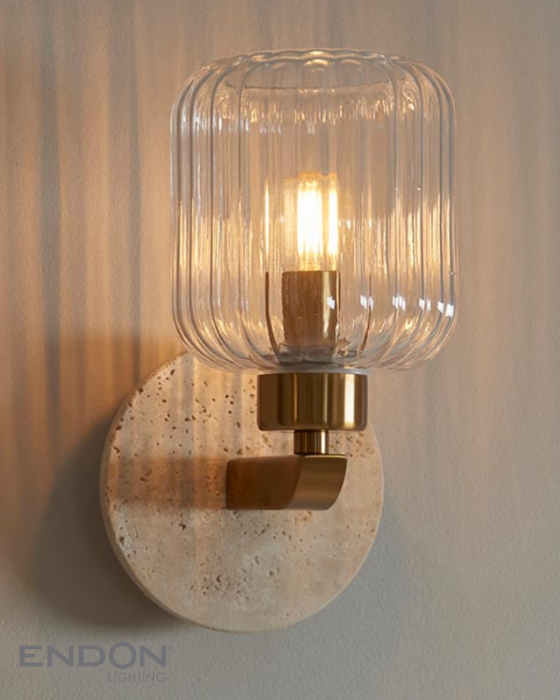 Endon Travi Vintage Brass & Travertine Stone Ribbed Glass Wall Light