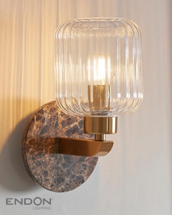 Endon Travi Vintage Brass & Brown Emperador Marble Ribbed Glass Wall Light