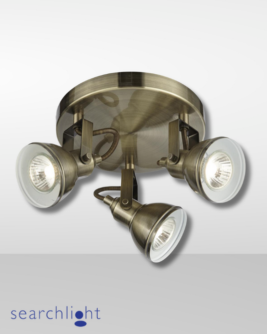 Searchlight Focus 3 Light Antique Brass Metal Plate Spotlight