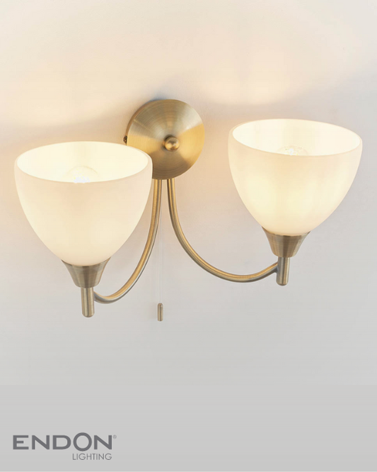 Endon Alton 2 Light Antique Brass & Opal Glass Wall Light