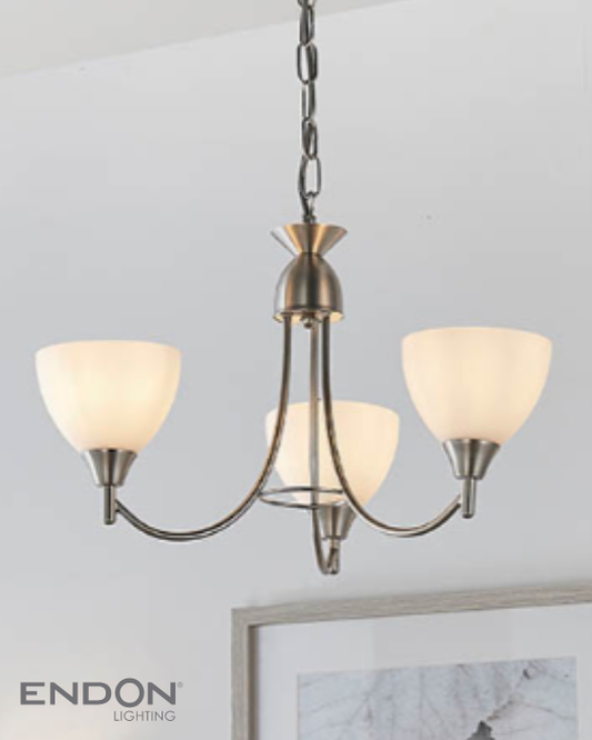 Endon Alton 3 Light Satin Chrome & Opal Glass Pendant