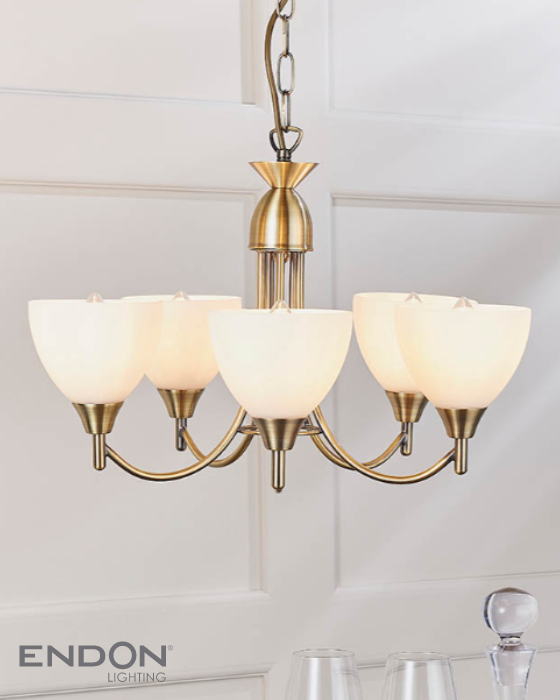 Endon Alton 5 Light Antique Brass & Opal Glass Pendant