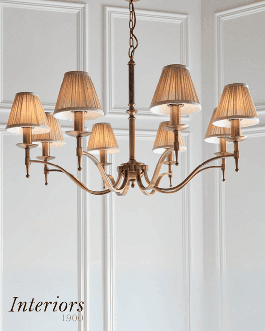 Interiors 1900 Stanford Antique Brass 8 Light and Beige Shades Chandelier