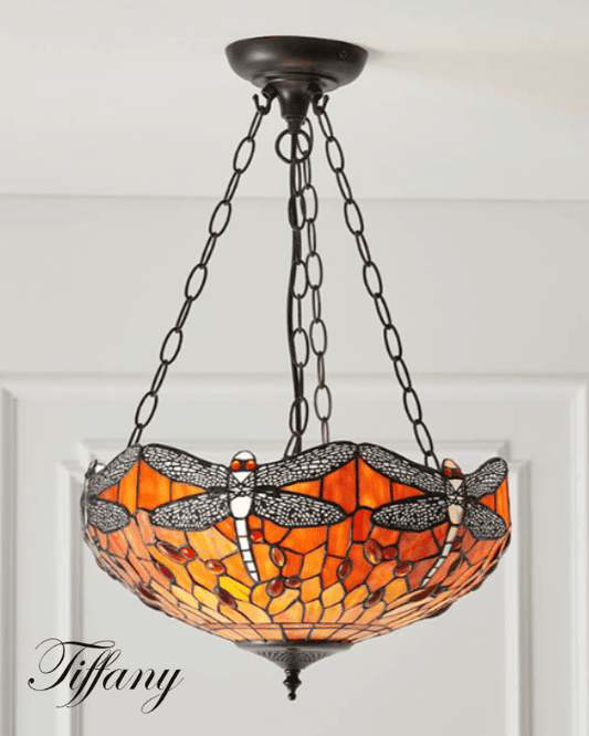 Tiffany Dragonfly 3 Light Flame Orange Medium Inverted Pendant