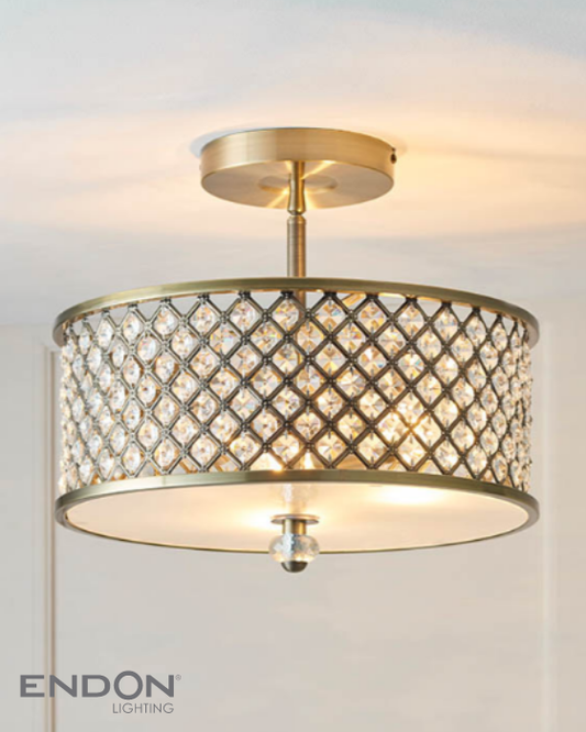 Endon Hudson 3 Light Antique Brass & Crystal Semi Flush