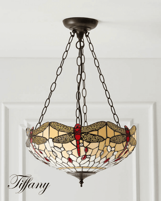 Tiffany Dragonfly Beige Medium Inverted 3 Light Pendant