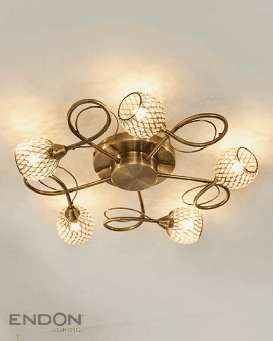 Endon Aherne 5 Light Antique Brass & Faceted Glass Semi Flush
