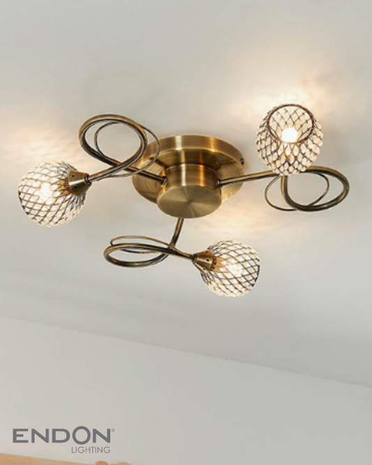 Endon Aherne 3 Light Antique Brass & Faceted Glass Semi Flush