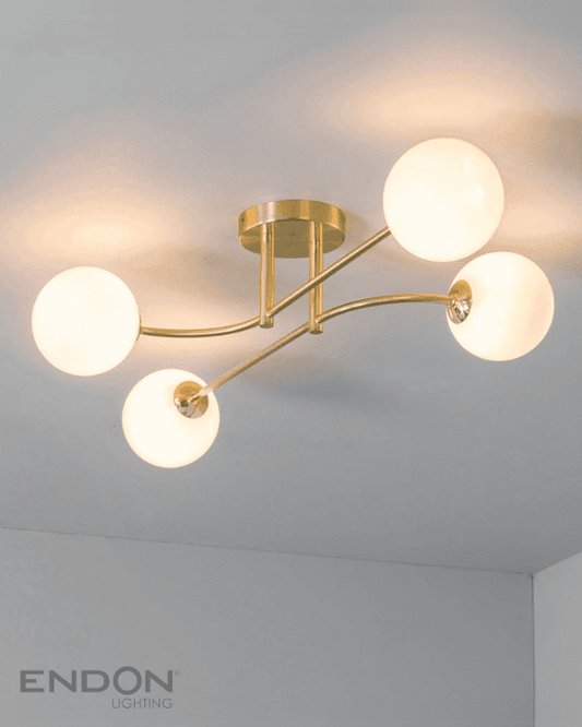 Endon Otto 4 Light Brushed Brass & Opal Glass Semi Flush