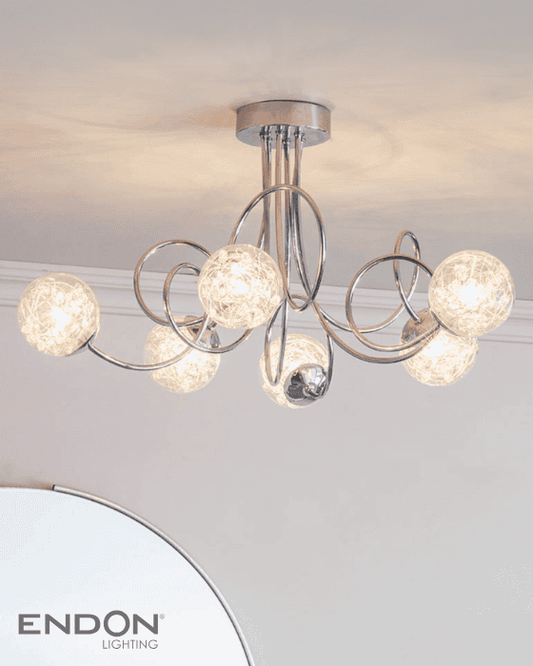 Endon Auria 6 Light Chrome & Wired Glass Semi Flush