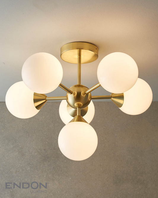 Endon Oscar 6 Light Opal & Brushed Brass Semi Flush