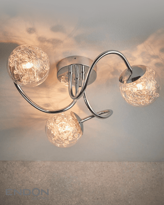 Endon Auria 3 Light Chrome & Wired Glass Semi Flush