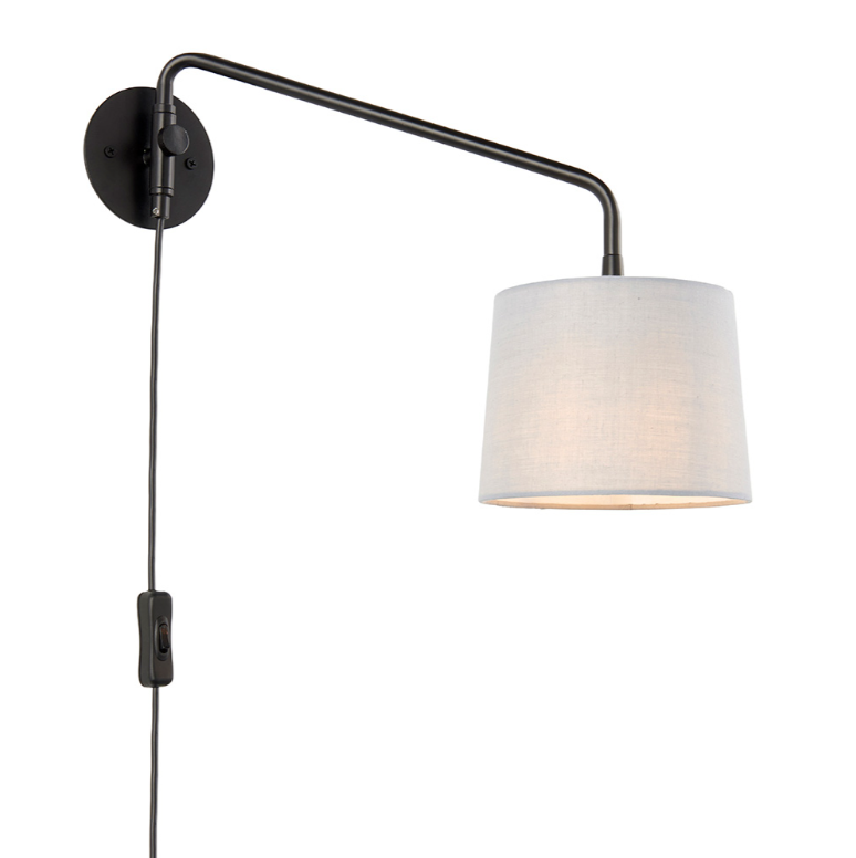 Endon Carlson Matt Black Plug In Wall Light With Light Grey Shade