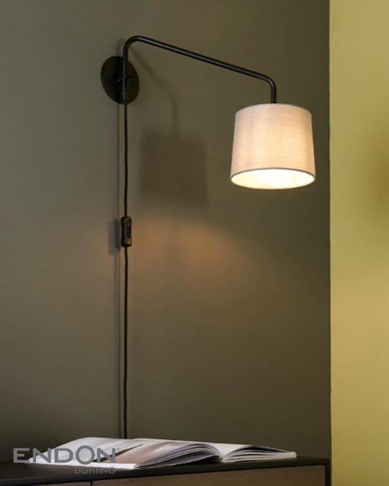 Endon Carlson Matt Black Plug In Wall Light With Light Grey Shade
