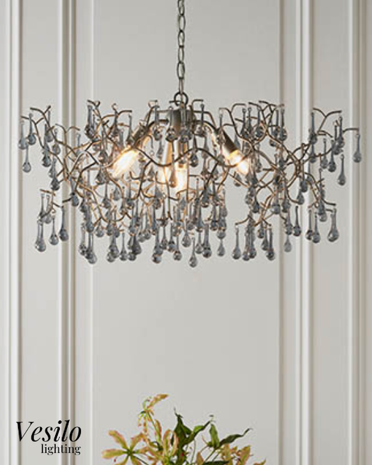 Vesilo Lighting Bead Aged Silver Branch with Glass Droplet Chandelier