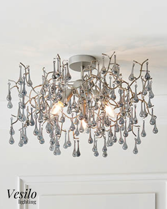 Vesilo Lighting Bead Aged Silver Branch Semi Flush with Glass Droplets