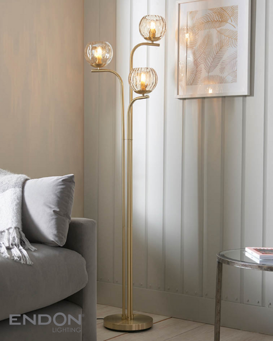Endon Dimple 3 Light Gold & Champagne Glass Floor Lamp