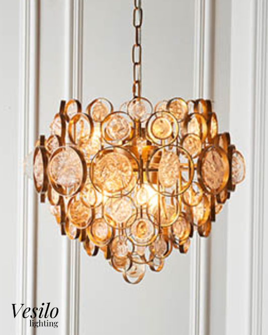 Vesilo Lighting Medallion Antique Gold, Clear & Amber Glass Detail Chandelier