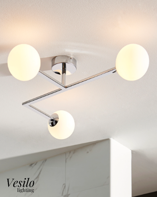 Vesilo Lighting Angle Chrome Bathroom IP44 Semi Flush with Opal Glass