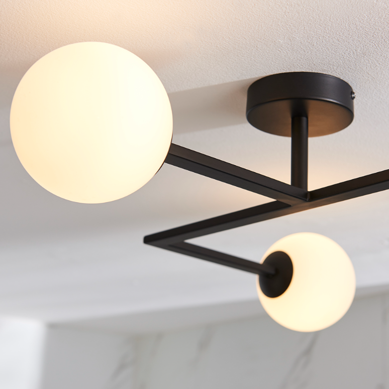 Vesilo Lighting Angle Matt Black Bathroom IP44 Semi Flush with Opal Glass