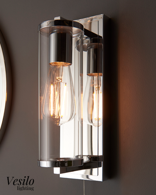 Vesilo Lighting Cylinder Bathroom IP44 Chrome & Tubular Glass Wall Light