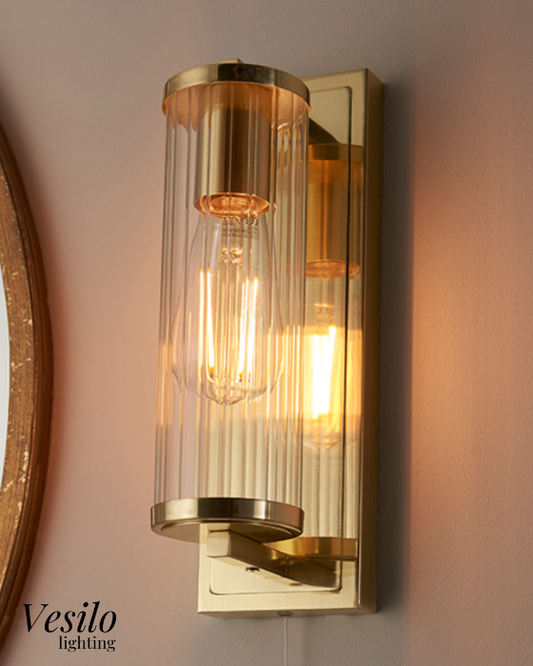 Vesilo Lighting Cylinder Bathroom IP44 Brushed Gold & Tubular Glass Wall Light
