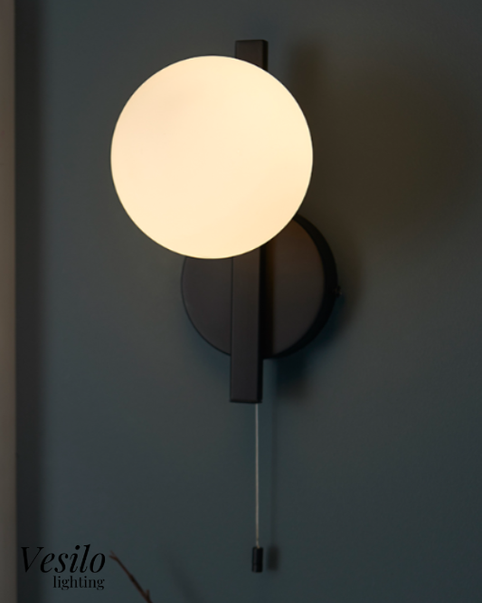 Vesilo Lighting Angle Matt Black Bathroom IP44 Wall Light with Opal Glass