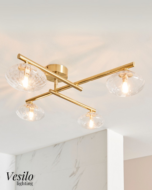 Vesilo Lighting Jewel Bathroom IP44 Brushed Gold & Ribbed Glass Semi Flush
