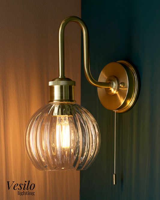 Vesilo Lighting Arched Bathroom IP44 Brushed Brass & Ribbed Glass Wall Light
