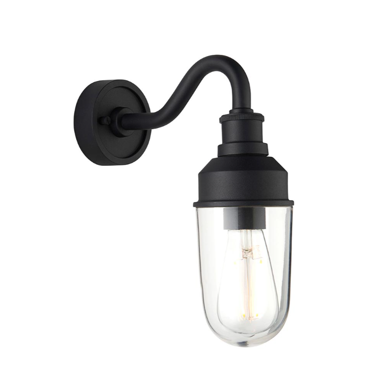 Vesilo Lighting Finesse Outdoor Textured Black IP44 Curved Arm Clear Glass Wall Light