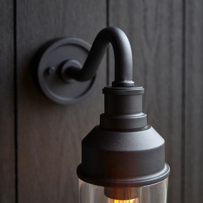 Vesilo Lighting Finesse Outdoor Textured Black IP44 Curved Arm Clear Glass Wall Light