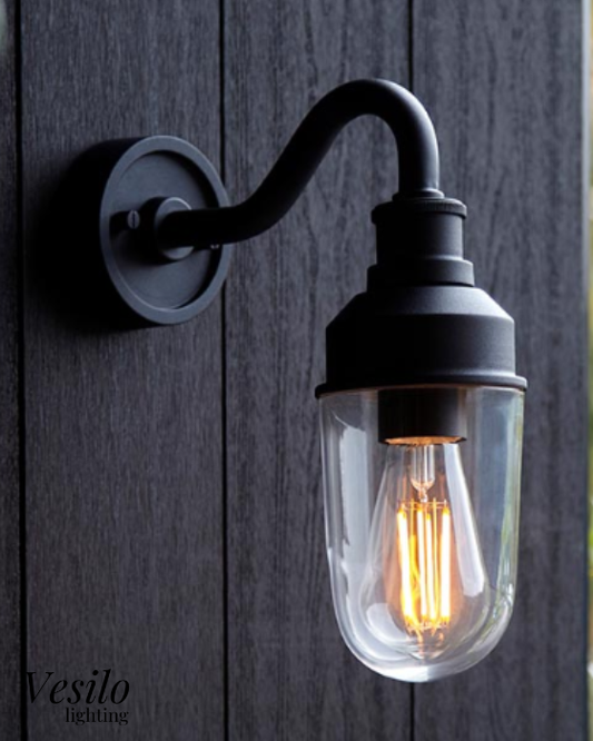 Vesilo Lighting Finesse Outdoor Textured Black IP44 Curved Arm Clear Glass Wall Light