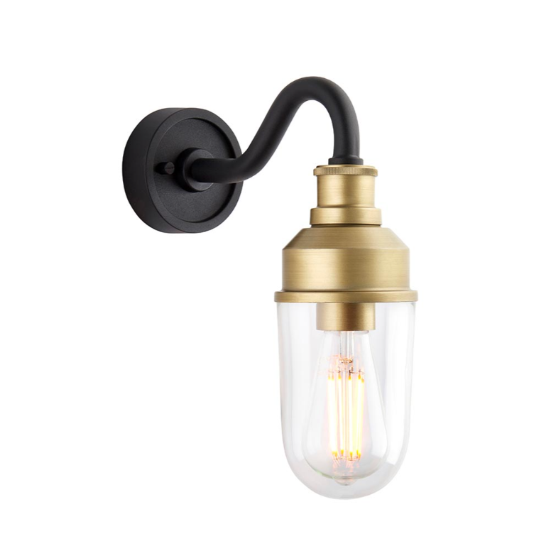 Vesilo Lighting Finesse Outdoor Antique Brass IP44 Curved Arm Clear Glass Wall Light