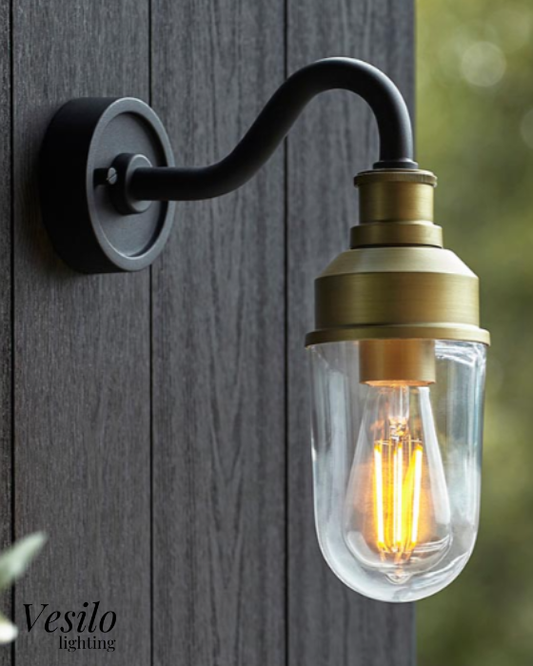 Vesilo Lighting Finesse Outdoor Antique Brass IP44 Curved Arm Clear Glass Wall Light
