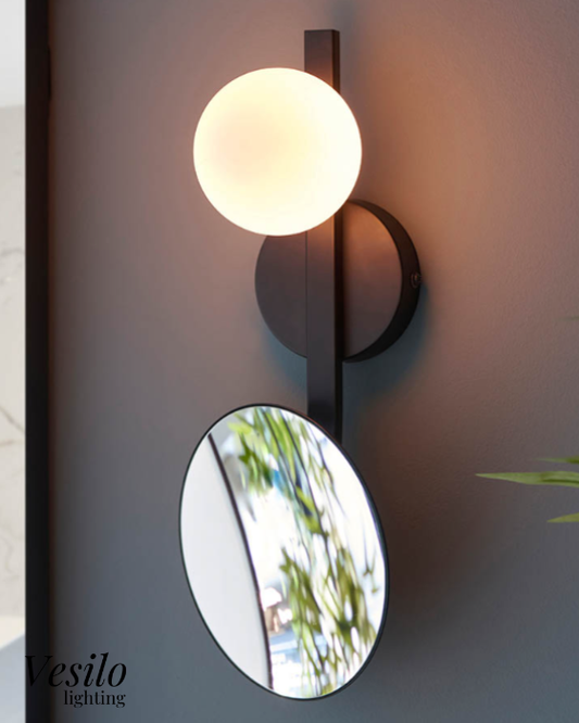 Vesilo Lighting Angle Mirrored Black Bathroom IP44 Wall Light with Opal Glass Shade