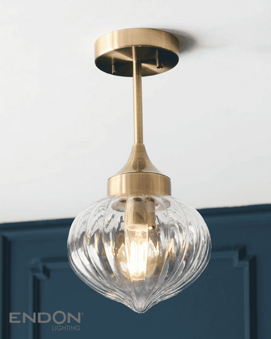 Endon Addington Antique Brass & Ribbed Glass Semi flush