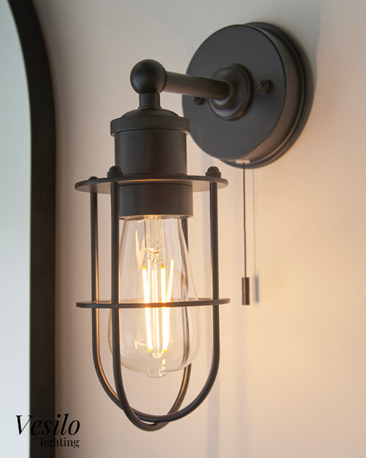 Vesilo Lighting Knurl Bathroom IP44 Matt Black Caged Wall Light