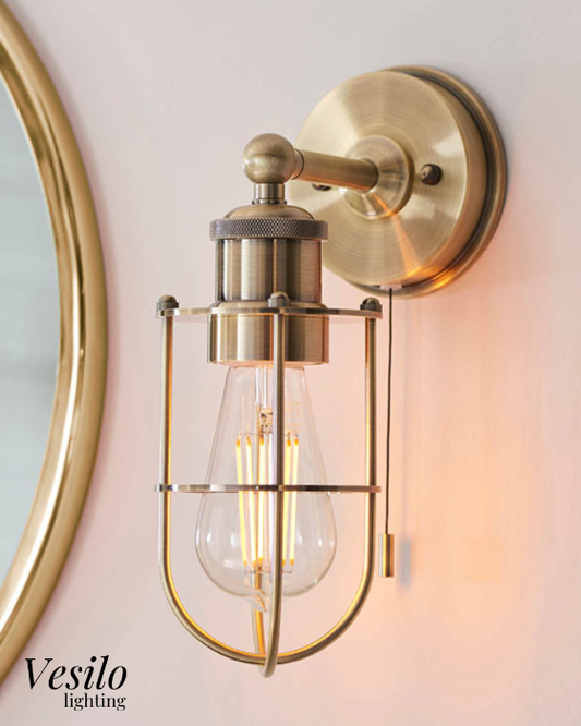 Vesilo Lighting Knurl Bathroom IP44 Antique Brass Caged Wall Light