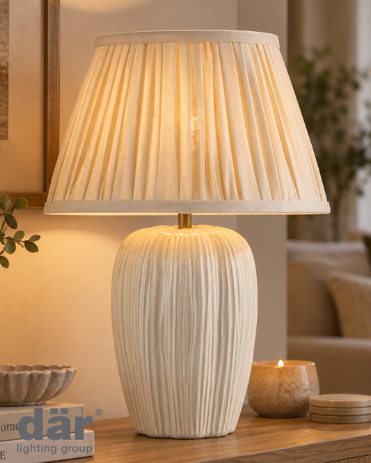 Dar Lighting Abigail Cream Ceramic & Antique Brass Table Lamp With Linen Pleated Shade