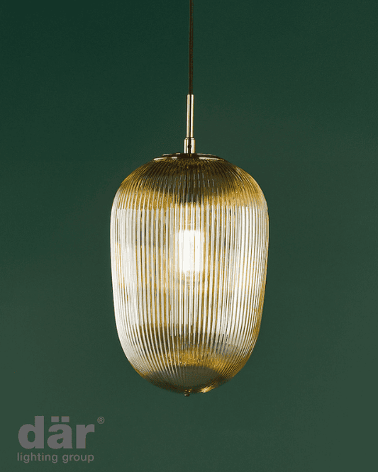 Dar Lighting Abrielle Brushed Bronze & Amber Ribbed Glass Pendant
