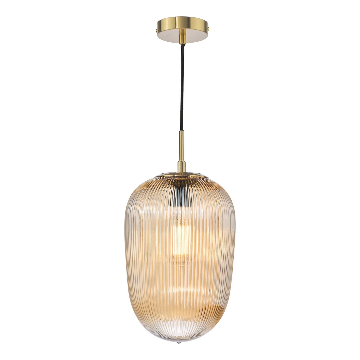 Dar Lighting Abrielle Brushed Bronze & Amber Ribbed Glass Pendant
