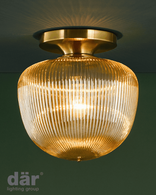 Dar Lighting Abrielle Brushed Bronze & Amber Ribbed Glass Flush