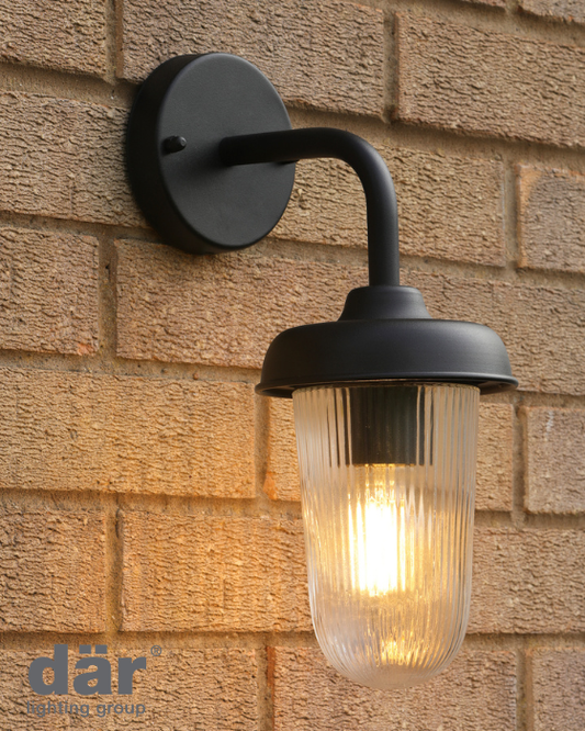 Dar Lighting Acotas Outdoor IP44 Matt Black & Ribbed Glass Wall Light