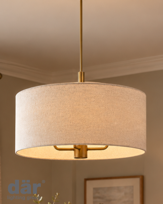 Dar Lighting Aelin 3 Light Matt Bronze Pendant With Natural Linen Shade