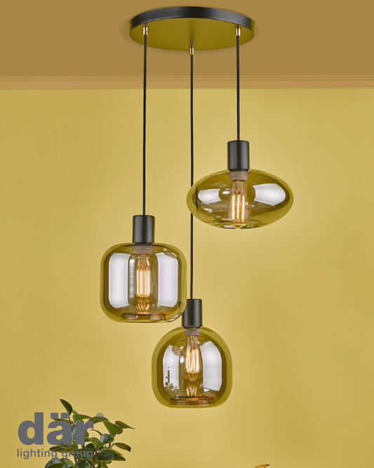 Dar Lighting Aiden 3 Light Satin Black & Smoked Cluster Pendant