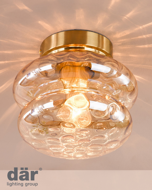 Dar Lighting Alcella Natural Brass & Amber Dimple Glass Wall Light/Ceiling Light