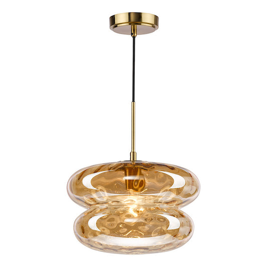 Dar Lighting Alcella Natural Brass & Amber Dimple Glass Pendant