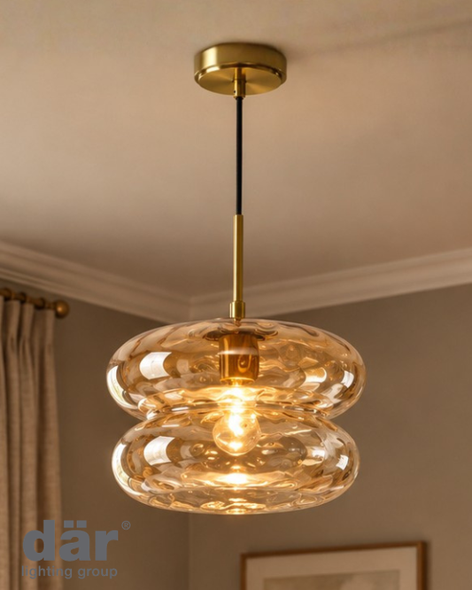 Dar Lighting Alcella Natural Brass & Amber Dimple Glass Pendant